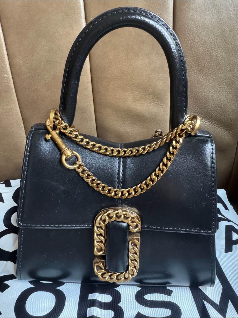 Marc Jacobs Black St Marc Mini Top-Handle Leather Bag with Gold Chain Hardware